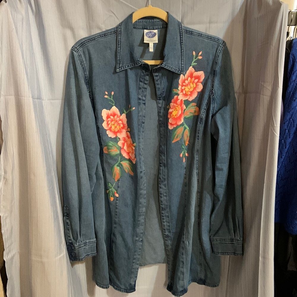 DG2 Diane Gilman denim shirt jacket hand painted XL beautiful art work